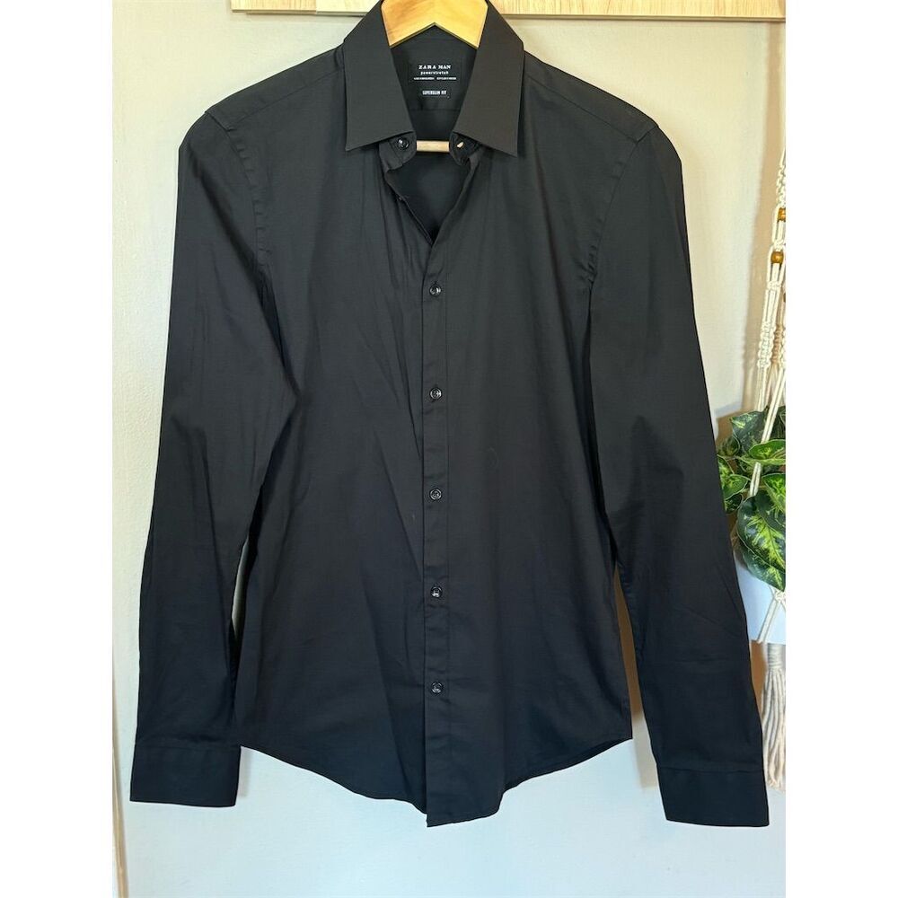 Zara Men's Superslim Fit Black Long Sleeve Dress Shirt Size SMALL